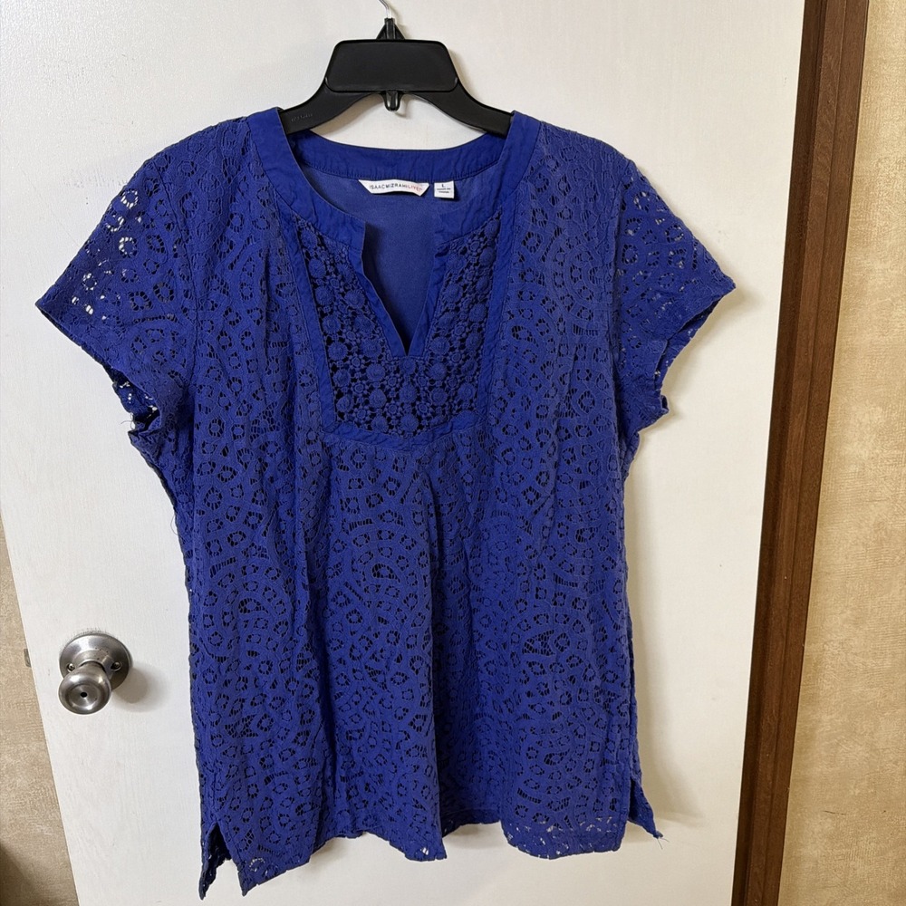 Isaac Mizrahi Women's Large Blouse Vivid Royal Blue Top Cap Sleeve Crochet Lace